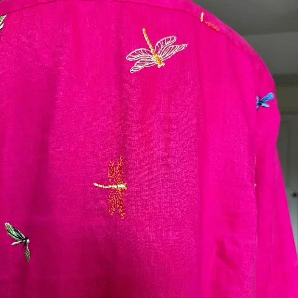 KIM ROGERS Women’s Top Blouse size L embroidered dragonflies 100% linen blouse - Picture 8 of 12